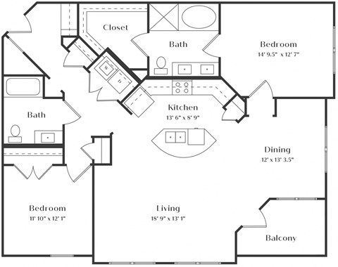Floor plan for 2 beds, 2 baths, 1347 sqft